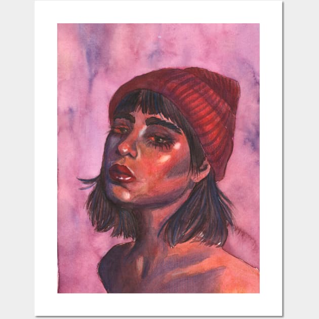 Pink tinted girl with a beanie Wall Art by SosiCreatesArt